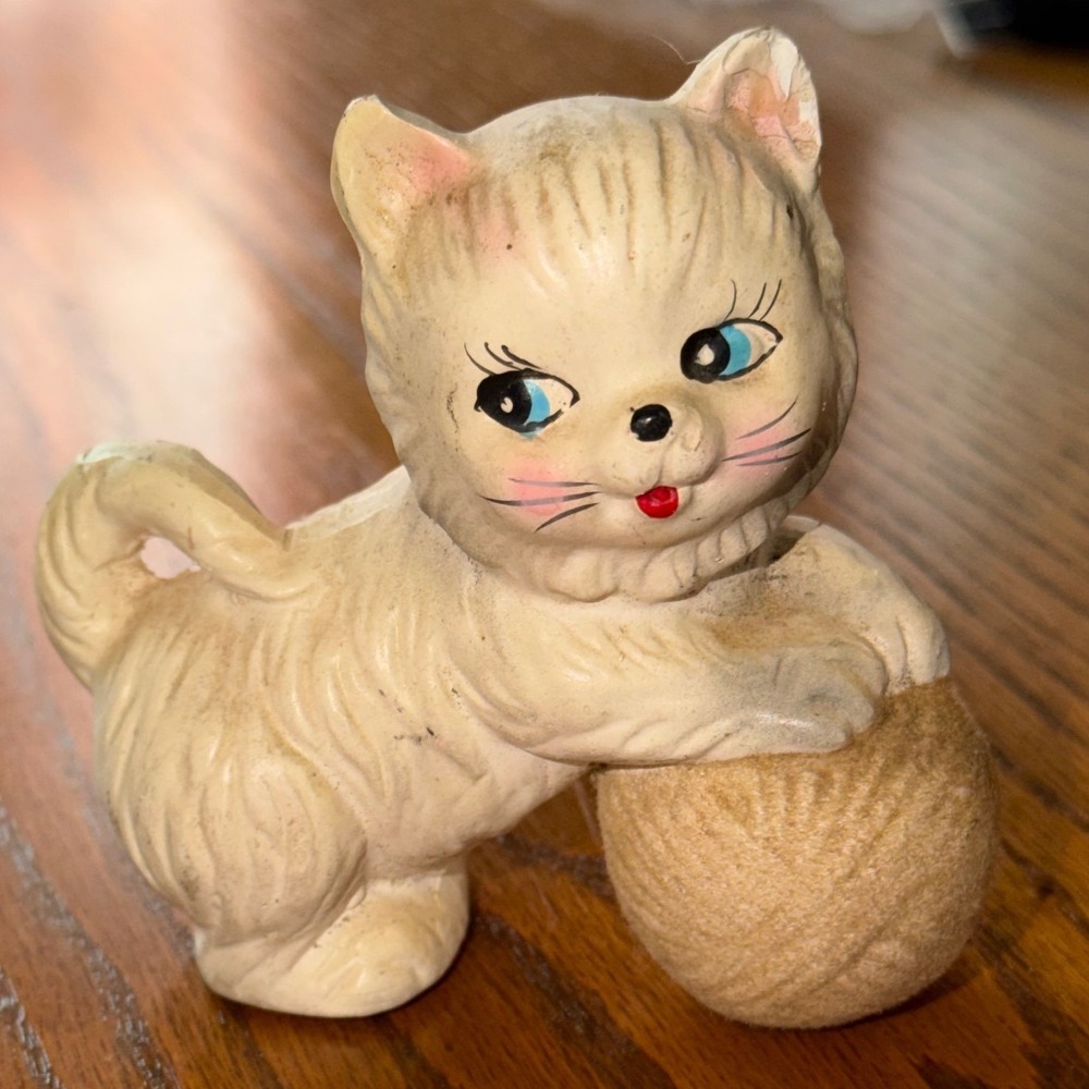 Vintage Japan Ceramic Kitten Cat Figurine Playing With Ball of Yarn Hand Painted